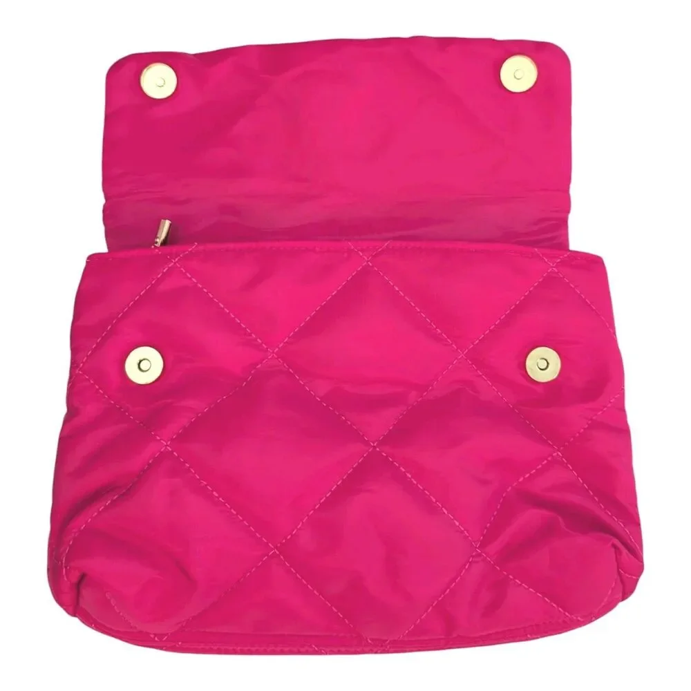 Neon Pink Quilted Nylon Rectangle Crossbody Shoulder Handbag With Chain